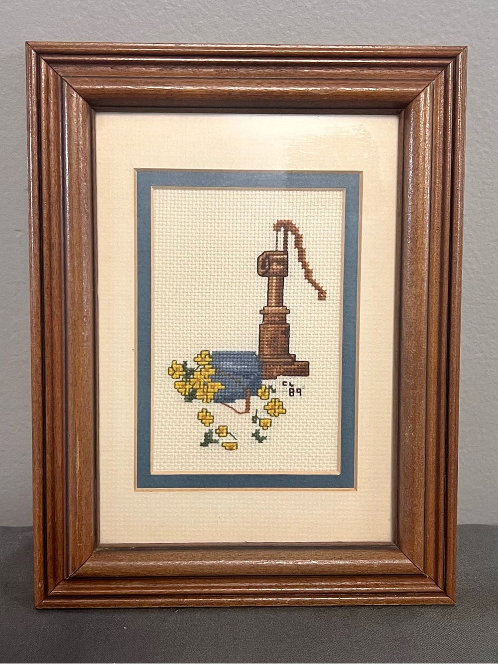 VTG 80s Framed Cross Stitch Country Water Pump & Flowers In A Pale Wall Art